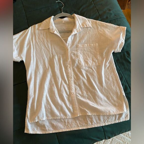 White Linen Short Sleeve Button Up Shirt Size Large - Picture 5 of 6